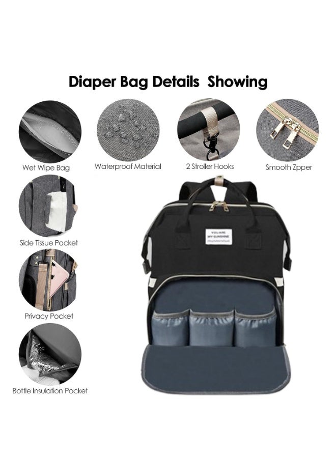 TAPIT 2 in 1 Diaper Bag Backpack Multi-Functional Travel Organizer With Foldable Bassinet Portable Crib Waterproof Large Capacity Mummy Bag (Black) - Image 5